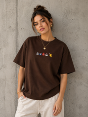Brown Pac Man Embroidered Oversize Tee