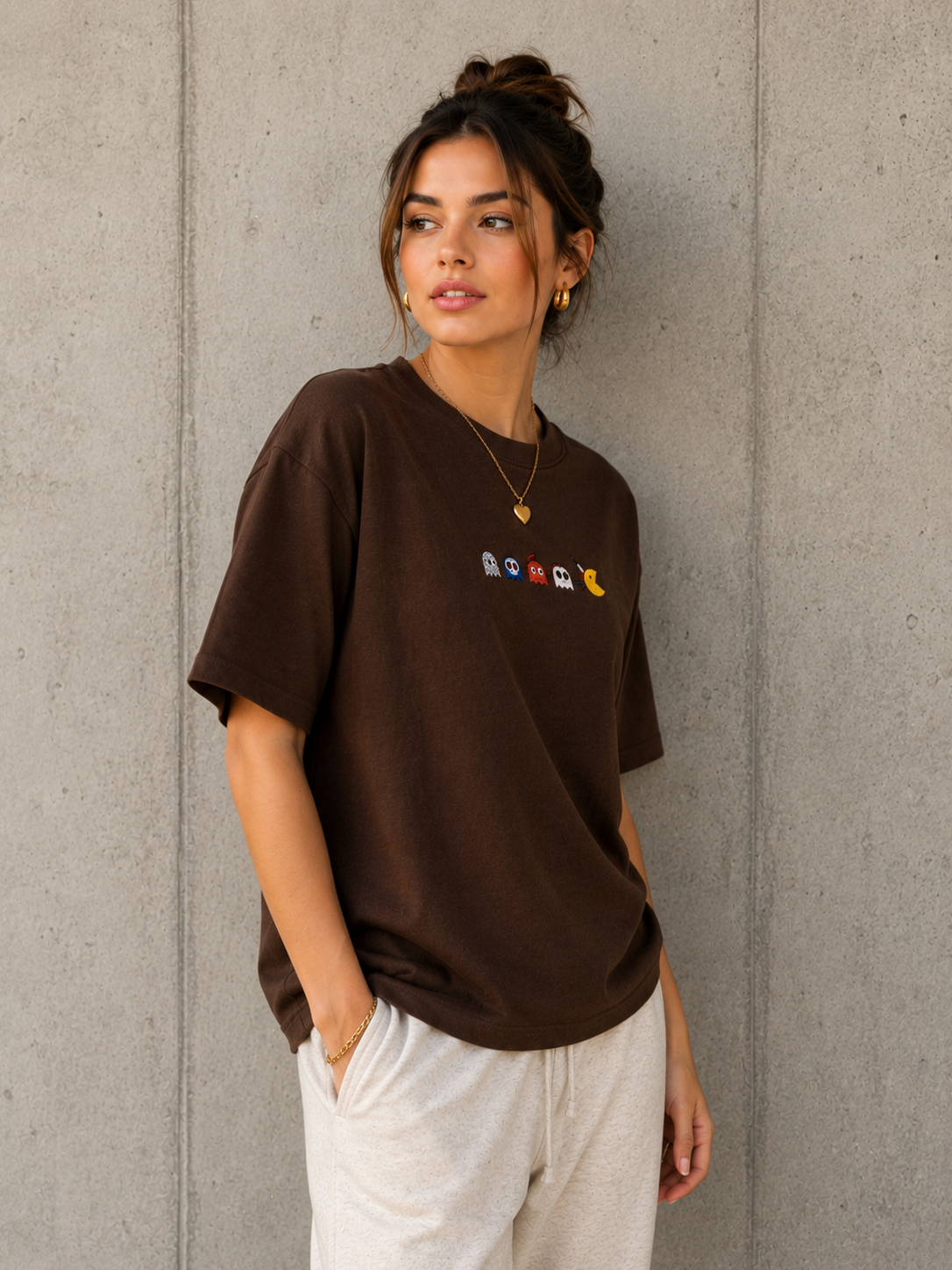 Brown Pac Man Embroidered Oversize Tee