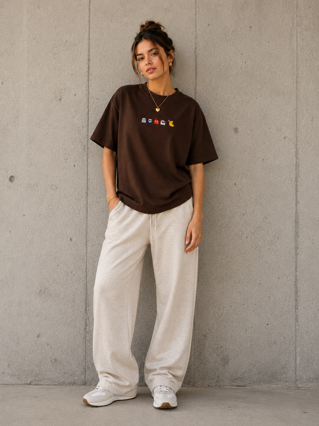 Brown Pac Man Embroidered Oversize Tee
