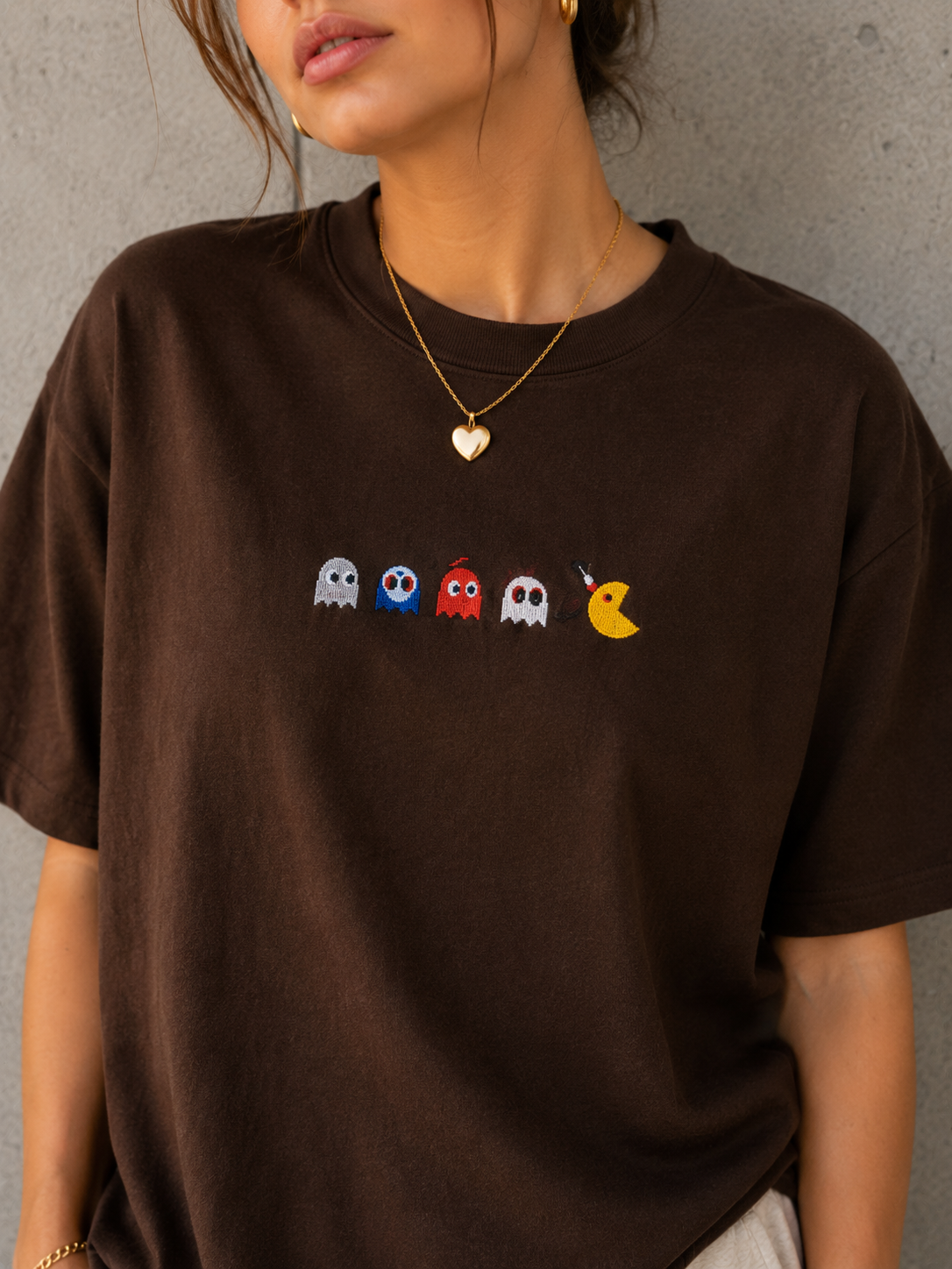 Brown Pac Man Embroidered Oversize Tee