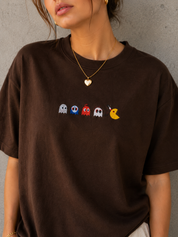 Brown Pac Man Embroidered Oversize Tee