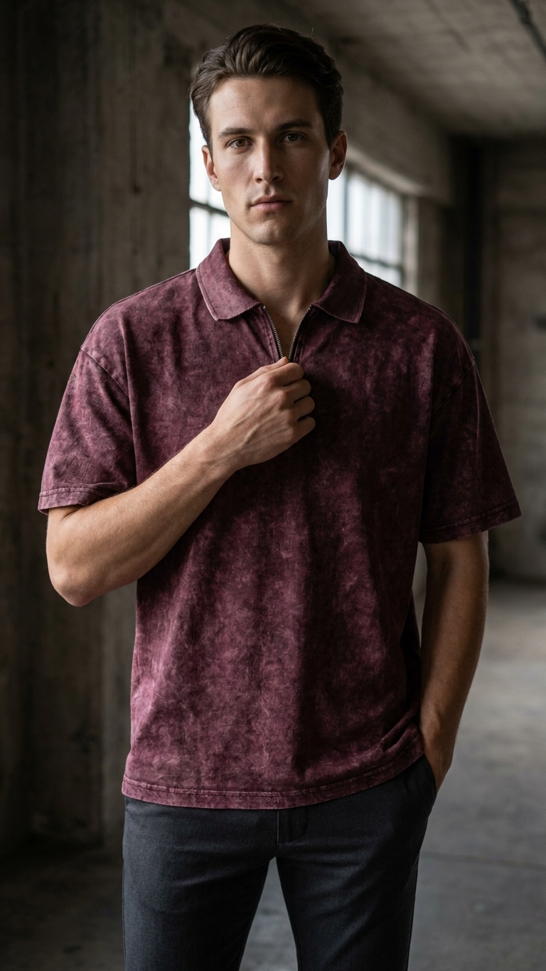 Wine maroon acid wash Polo Tee