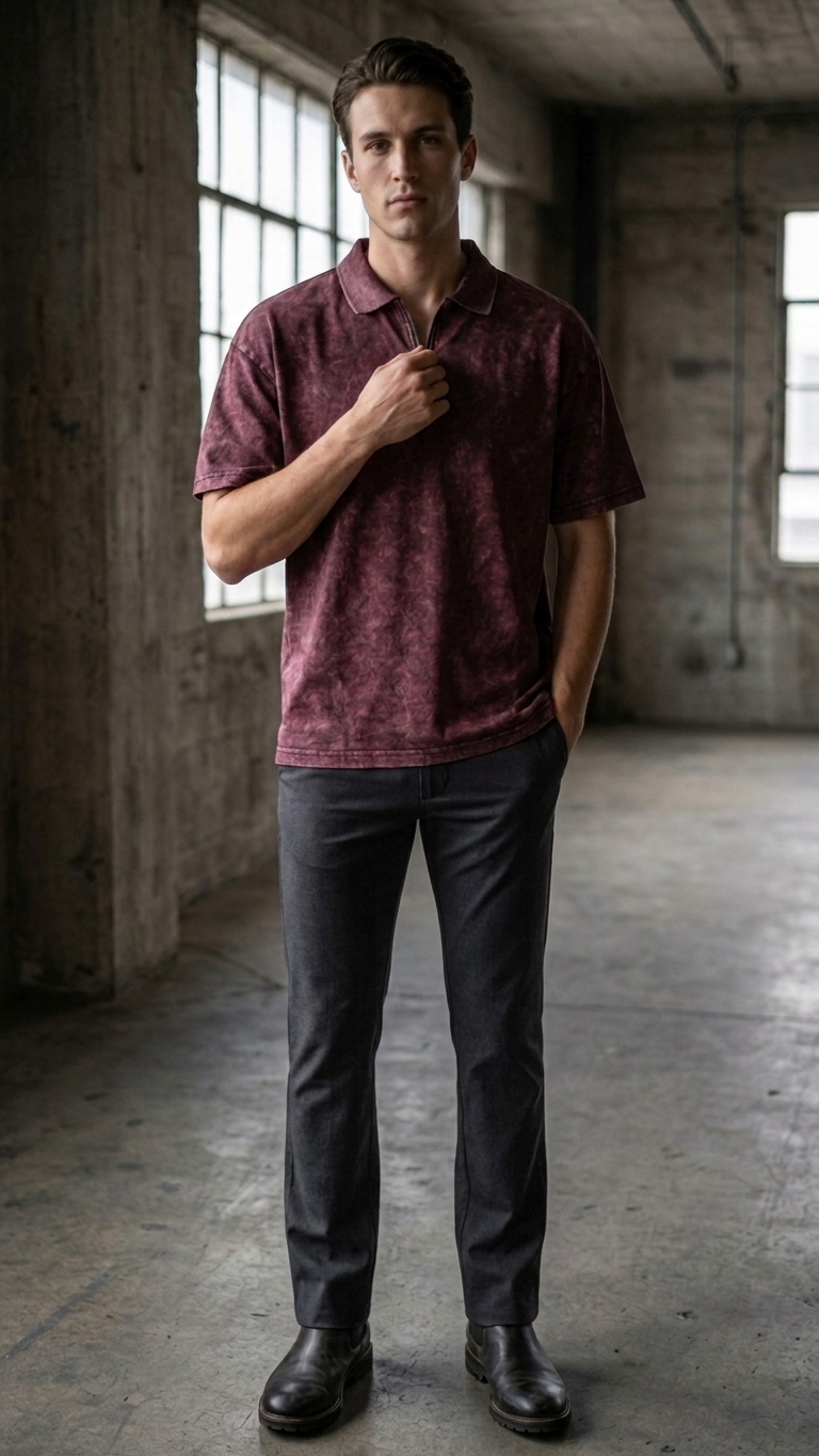 Wine maroon acid wash Polo Tee