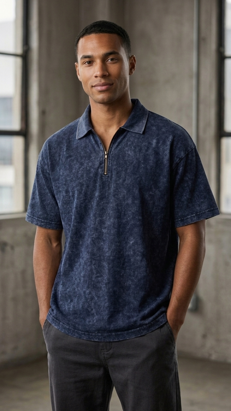 Navy blue acid wash Polo Tee