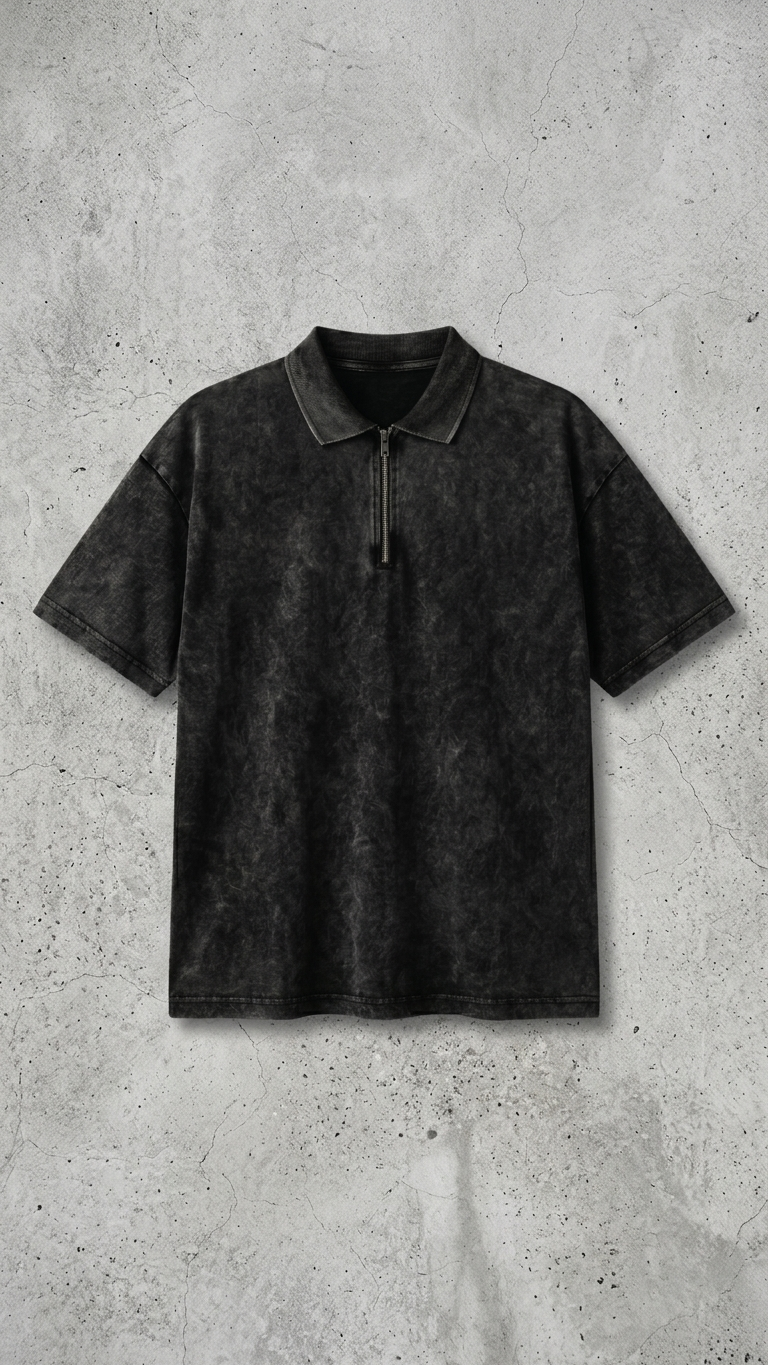 Deep black acid wash Polo Tee