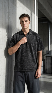 Deep black acid wash Polo Tee