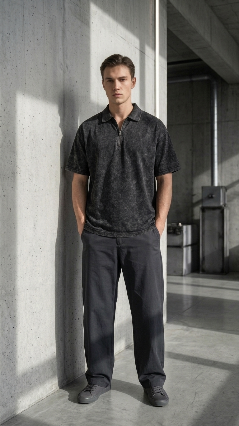 Deep black acid wash Polo Tee