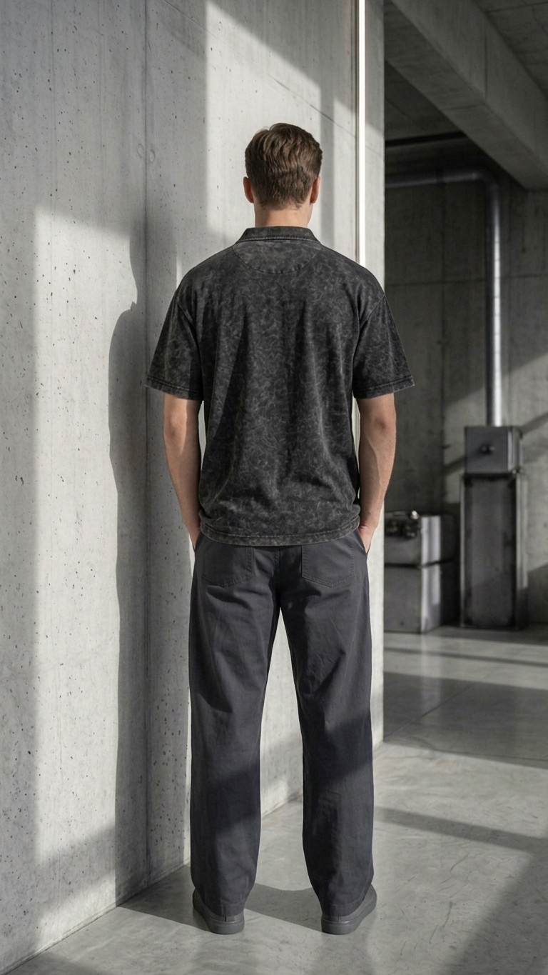 Deep black acid wash Polo Tee