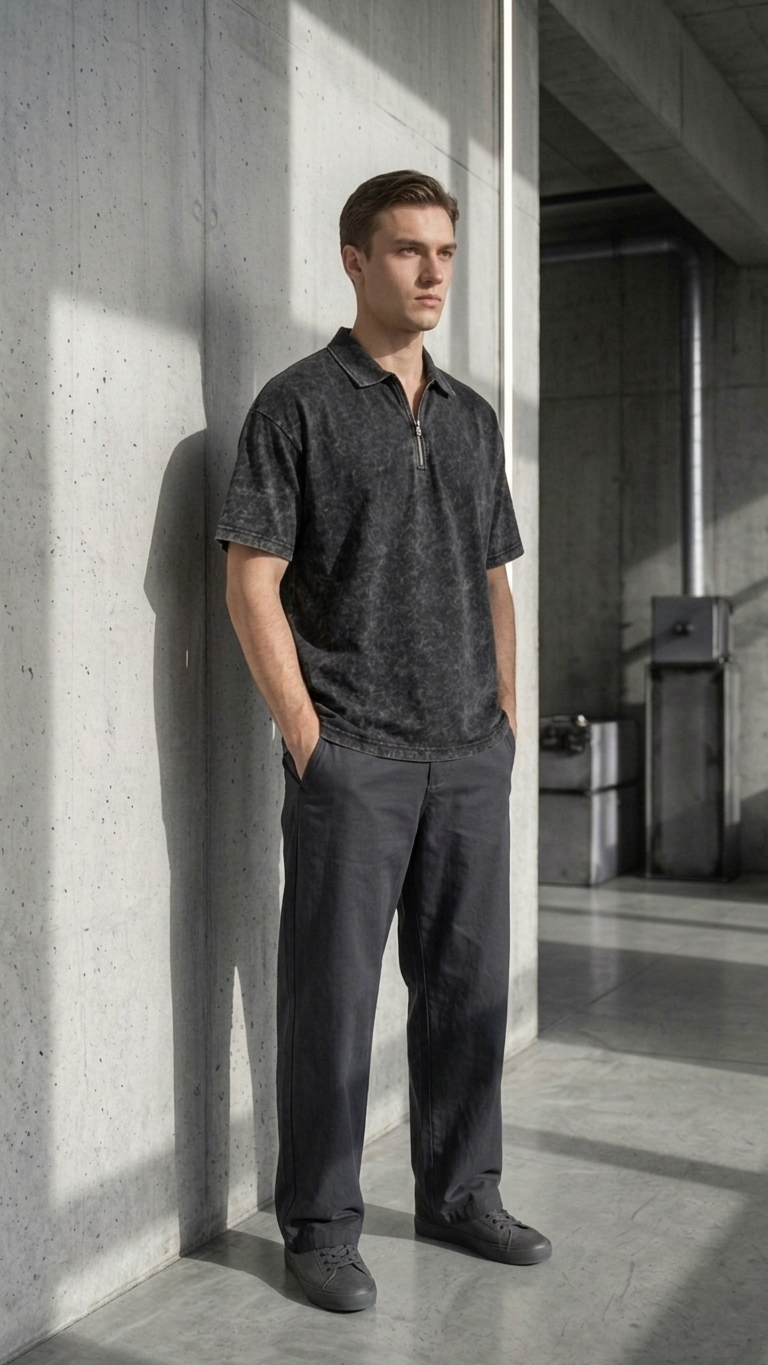 Deep black acid wash Polo Tee