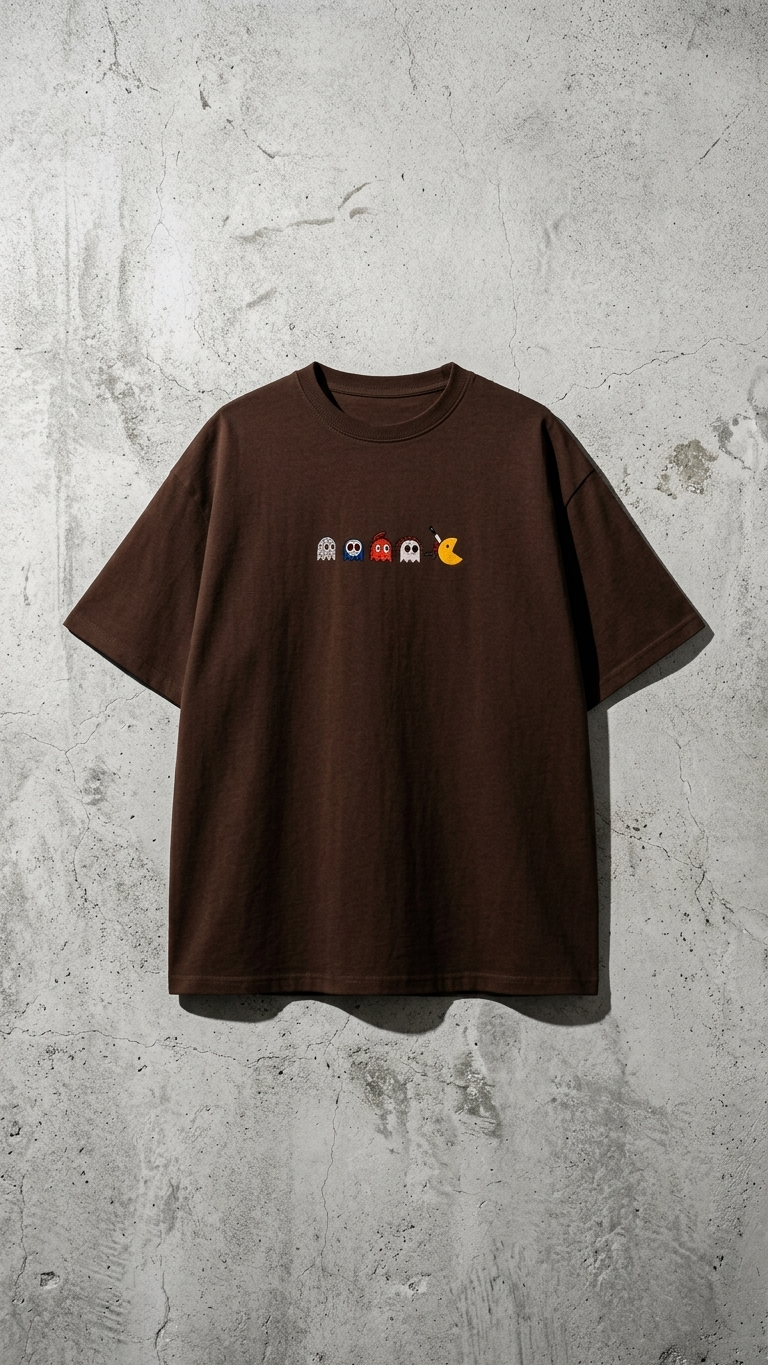 Brown Pac Man Embroidered Oversize Tee